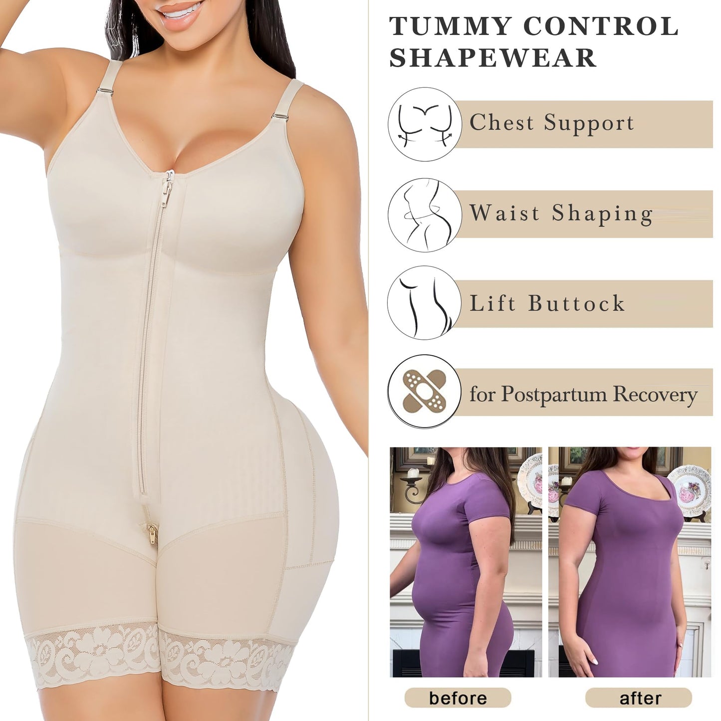YIANNA Fajas Colombianas Postpartum Shapewear for Women Tummy Control Butt Lifter Body Shaper with Zipper Crotch